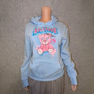 Blue Hoodie with Pink Bear Graphic